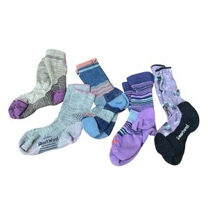 Lot of 5 WOOL SOCKS Kids Girls L Smartwool FITS Darn Tough Purple Blue Pink Gray